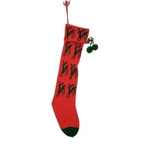 Red Knit Christmas Stocking With Green Reindeer Pattern & Pom Pom Accents - Holi